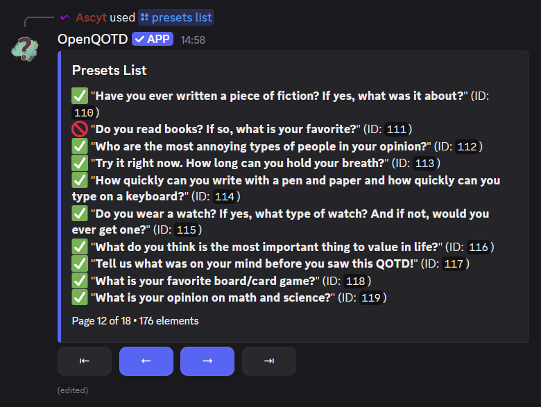 List of preset questions