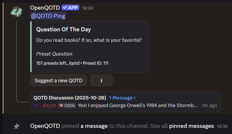 Sent QOTD with set up role ping, pin, and thread