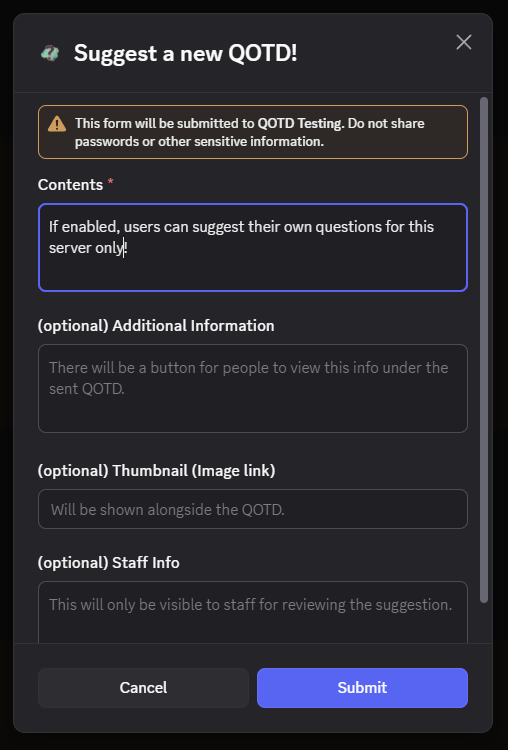 Modal for suggesting a QOTD