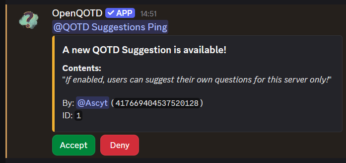Sent suggestion message with accept and deny buttons
